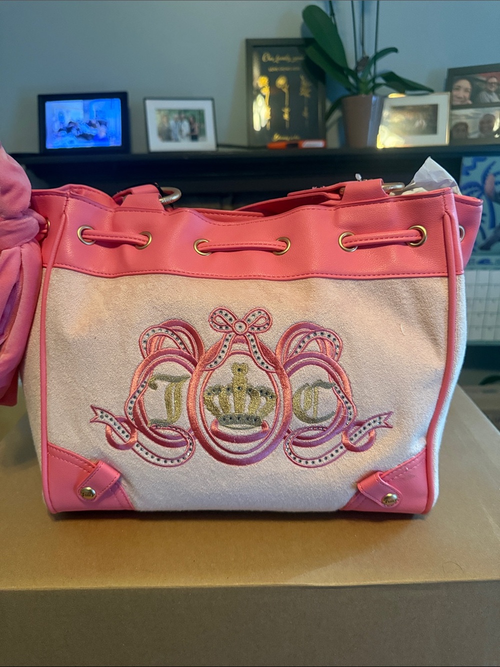 Juicy Couture Pink and Cream Embroidered Crown Tote